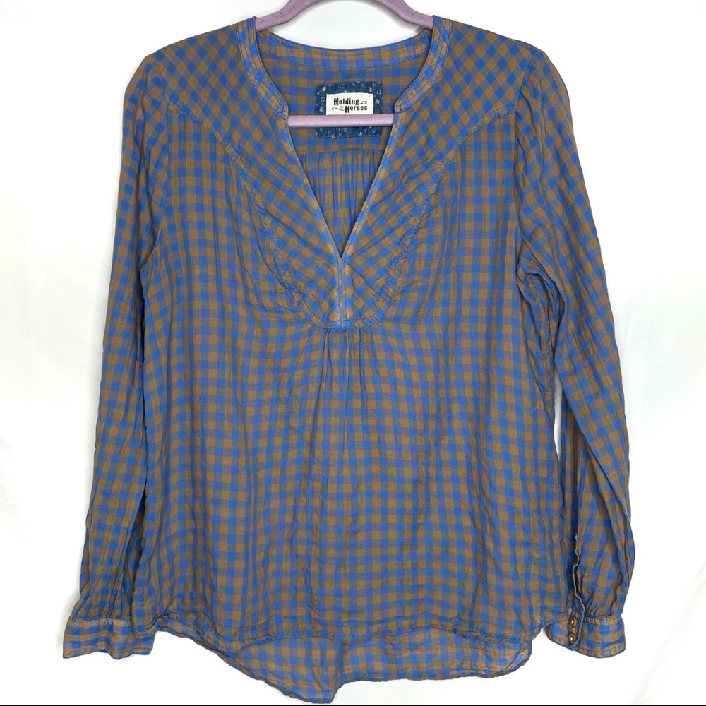 Holding Horses Blue Orange Plaid Popover Blouse
